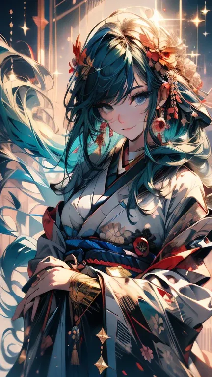   1 girl, Long Hair,bangs,  I have emerald green hair on my head,  blue eyes,  Manipulate straight hair,  Girly , Bright smile,  floating in the air, Rainbow-colored kimono,  Bright Atmosphere ,  rich colors,  colorful , Depiction of the Wind , Draw with t...