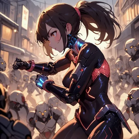 a cute woman, cybernetic warrior, (hair in ponytail, some obvious mechanical components, skin tight sexy battle outfit)she is assuming a fighting stance, sexy stern look, street fight with a mob of mutants
