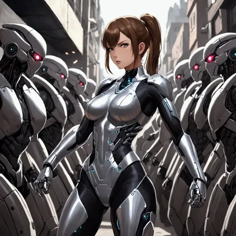 a cute woman, cybernetic warrior, (hair in ponytail, some obvious mechanical components, skin tight sexy battle outfit)she is assuming a fighting stance, sexy stern look, street fight with a mob of mutants
