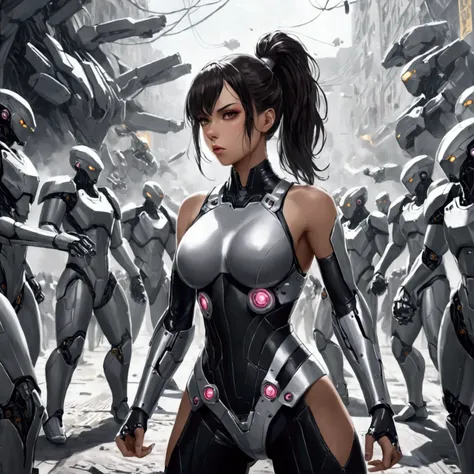 a cute woman, cybernetic warrior, (hair in ponytail, some obvious mechanical components, skin tight sexy battle outfit)she is assuming a fighting stance, sexy stern look, street fight with a mob of mutants
