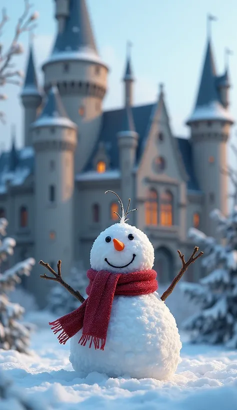  cute snowman in front of a European castle、Real and really cute 