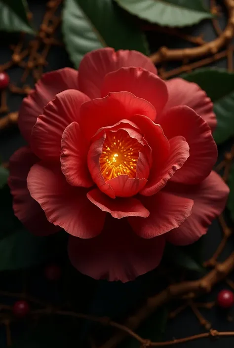 A wine-red camellia ,  seen from above  ((without stem))  melting in bright gold ,  with a background of thorns and very dark green leaves,  and in the corners there is also melted gold . 