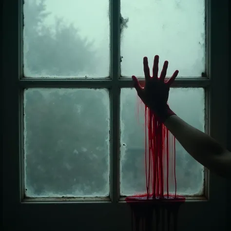 Description:  A fogged window with a bloody hand and a trail of fingers sliding down.  The blood stands out in deep red , creating a striking contrast.  The scene suggests that someone tried to escape or ask for help .
Suggested text in the thumbnail : “He...