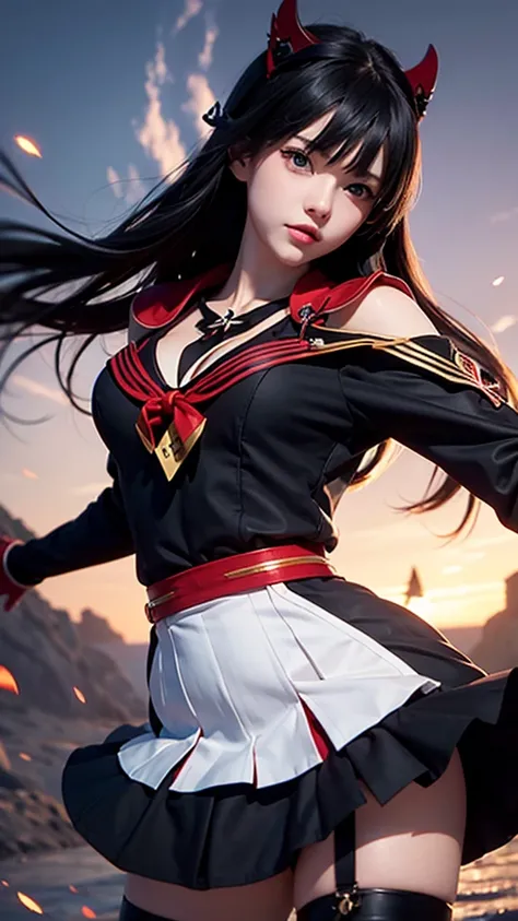 beautiful, masterpiece,  best quality,  Extremely Detailed Face ,  full light, 1 girl, Alone,  matoi ryuuko ,  BLACK SAILOR SUIT ,   black skirt , Red Hair, senketsu,  torn clothes ,  underbust