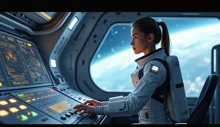 Girl controlling the dashboard of a spaceship 