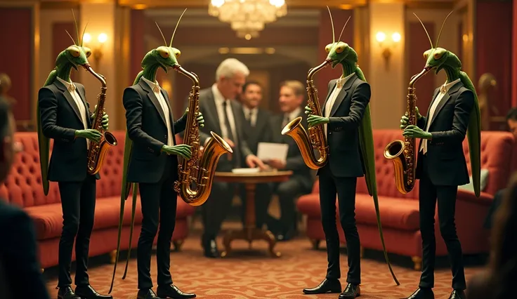 Louva-a-Deus Jazz Band Performing in an Elegant Cruise Lounge

"In a stylish lounge aboard the luxury cruise ship, a jazz band of humanized praying mantises plays lively music for an intimate crowd. Each mantis musician wears formal attire with distinct pe...