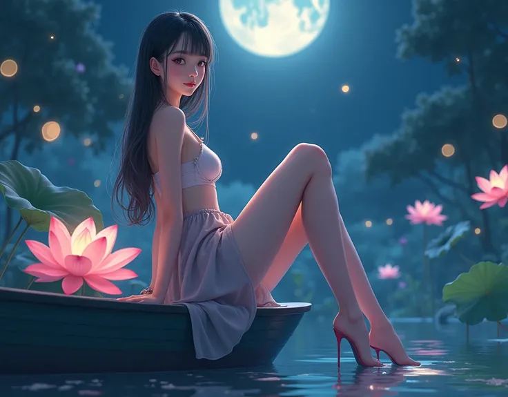 ( High Quality , (Full body image,Random pose:1.5),【8k, original characters), (fact: 1.5), (masterpiece,  Best Quality,  high resolution : 1.2), [girl, Summer Night, (Stockings Smooth Texture : 1.5), Sexy Skirt, Slim super long legs , Huge breasts,  with s...