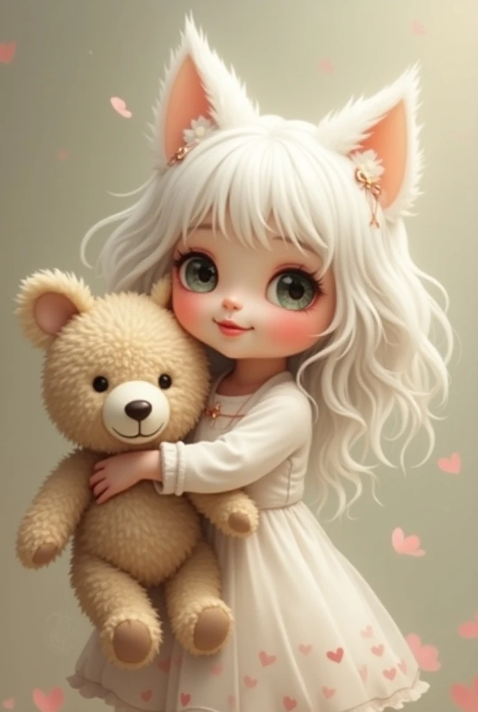  an image of a girl with cat ears, white hair, cute and innocent ,  while hugging a teddy bear 
