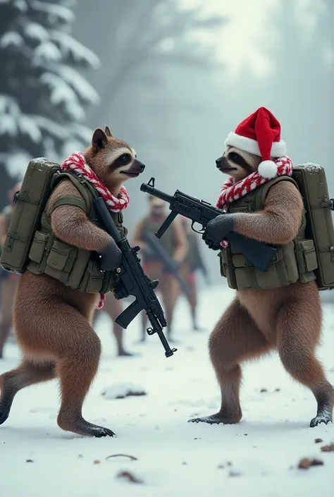 Tactical sloths and kangaroos fighting hand in hand against soldiers in Christmas uniforms 