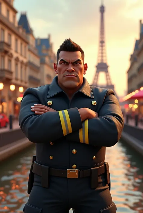 3D poster inspired by Disney Pixa capturing a seine with 
An angry brown firefighter with folded arms looking forward in uniform