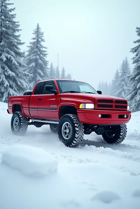 Red Two door 2001 dodge ram in the snow 