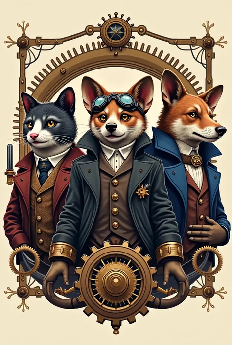 Cat, opossum and dog rescue association logo design, steampunk style
