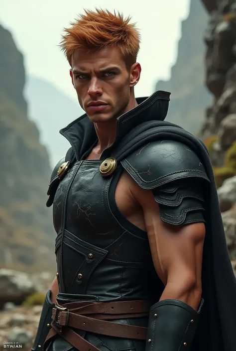 A young man, tall, with tanned skin, ginger short hair, light green eyes, wearing a black leather armour.