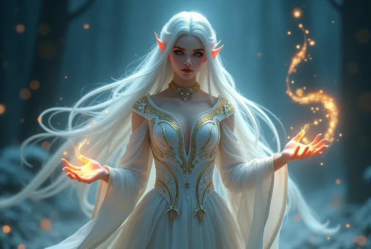 A delicate dark elf presenting as a girl with long, flowing white hair cascading down her back, her pale luminescent skin glowing softly. Her golden eyes reflect celestial heritage. Dressed in an elaborate, flowing gown adorned with celestial patterns, she...