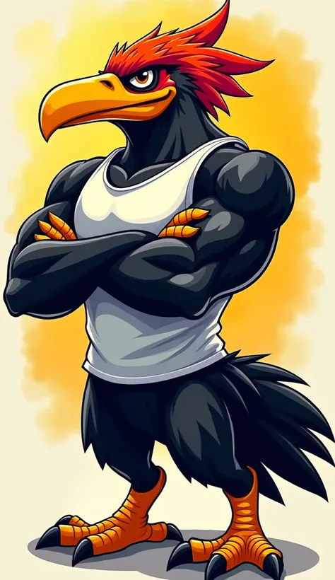  A dynamic and powerful illustration of the club mascot Flamengo , um vulture preto musculoso (vulture), wearing a white tank top.  The mascot is portrayed in an energetic action pose ,  showing its strength and athletic ability .  arms crossed,  its fierc...