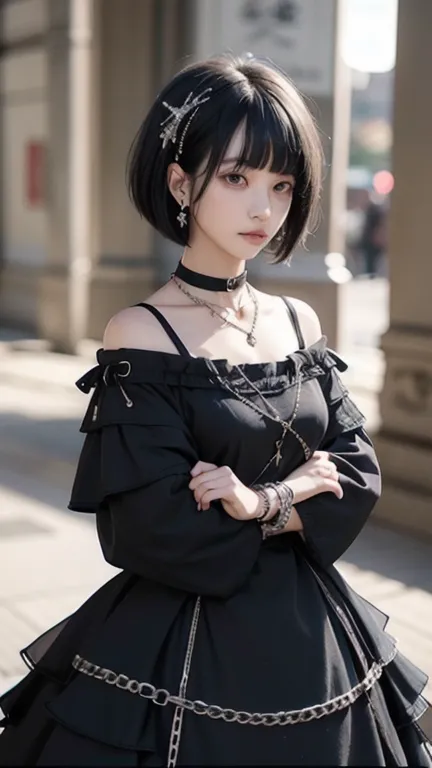 (( best quality、​masterpiece:1.3))、sharp:1.2、perfect body beauty:1.4、((  has a layered hairstyle))、( black dress:1.1)、(darkroom:...