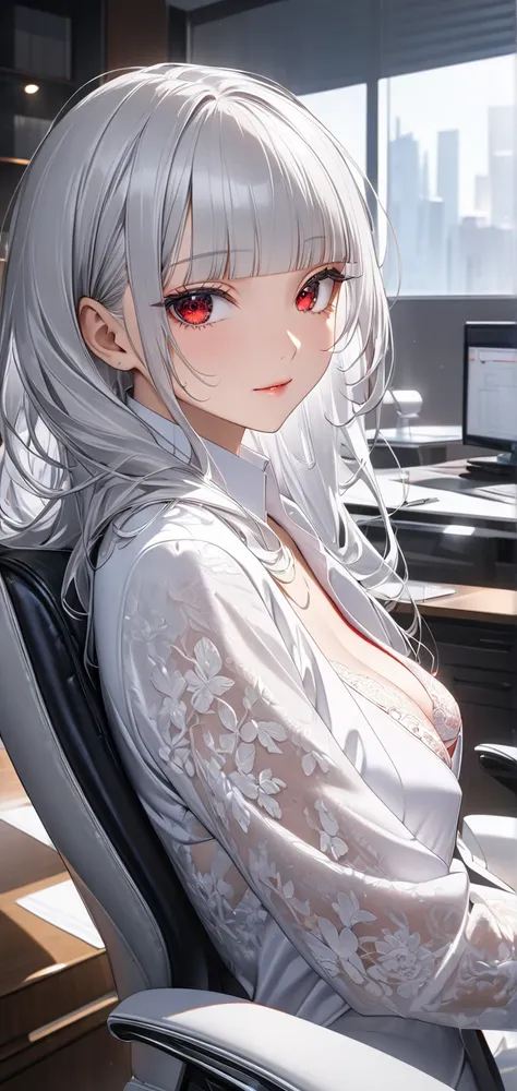 Ultra high resolution, rich colors, perfect image, top quality, detailed image, beautiful woman, glowing skin, texture of skin and clothes, delicate eyes, CEOs office, sitting in office chair, white bra, white thong panties, (((silver hair blunt bangs long...