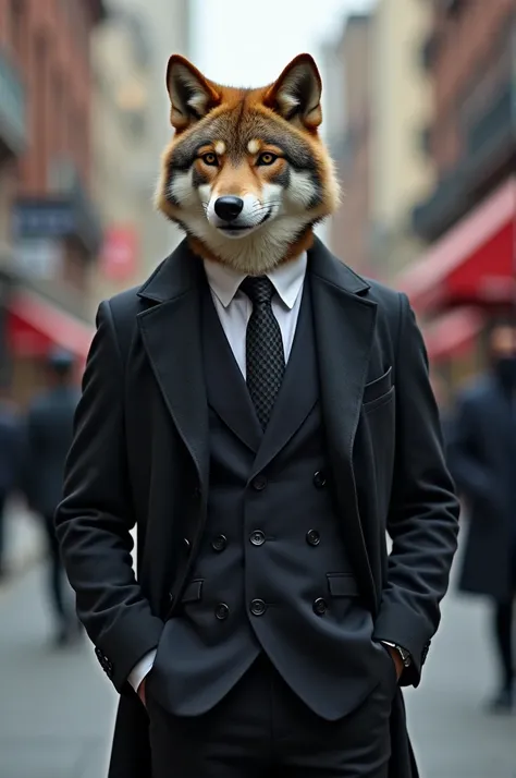 Create an image of a wolf  ,  in a suit standing on a street the tobo is well dressed.
