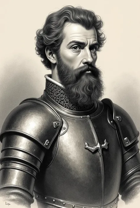  a drawing of a man in armor , Beard and mustache,  a mid-19th century engraving inspired by Henry Raleigh, shutterstock,  renaissance ,  bust portrait of a gentleman ,  Majesty in noble clothes ,  portrait of a medieval nobleman ,  old English dress ,  we...