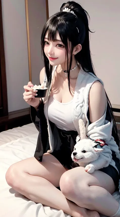   Photo of a beautiful Japanese teenager ,  long flow of black and white hair  , Chubby body ,  exquisite dragon tattoo ,  wearing a loose white vest ， on my neck there is a  " This is my ",  black jacket open .  sitting on the bed Holding a Pudding Dog Do...