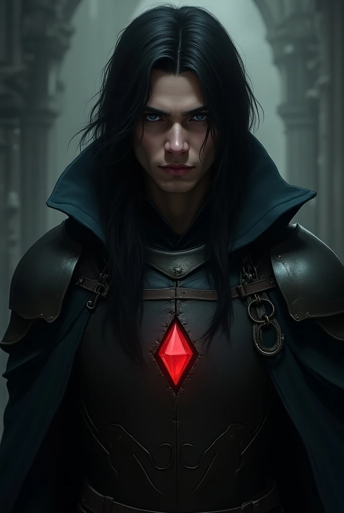 draw me a man. He is handsome, a little thin in the face and has thin lips. straight nose, long black hair, and stern gaze of blue eyes  it comes from a fantasy world with a medieval atmosphere. he wears armor and under that he has black clothes , a cloak ...