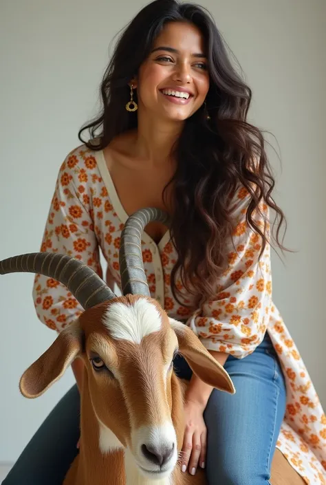 Beautiful laughing 23 years rich young  girl wearing  confident long  hair clear facial features big breast, realistic fair skin wearing printed kurta and Jeans straddling goat neck 