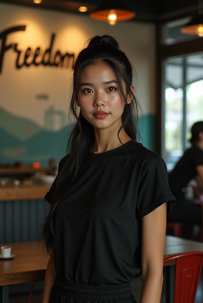 realistic, cinematic, Close-up, a beautiful Indonesian woman is standing in a cafe, which has FREEDOM written on the wall, with the cafe wall in the background. He was wearing a black t-shirt and black sports pants, and sports shoes. She had long black hai...