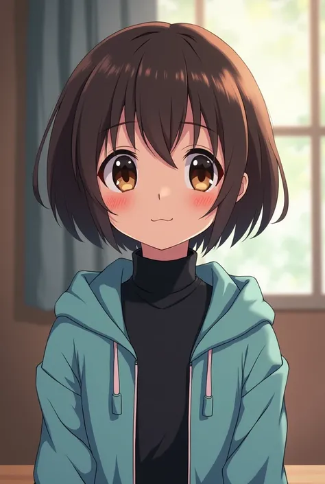 Cute girl with short dark brown hair, big dark brown eyes, wearing a black turtleneck with a pastel blue hoodie in the Hunter x Hunter anime style 