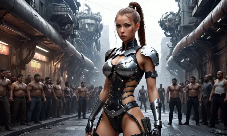 a cute woman, cybernetic warrior, (hair in ponytail, some obvious mechanical components, skin tight sexy battle outfit)she is assuming a fighting stance, sexy stern look, street fight with a mob of mutants