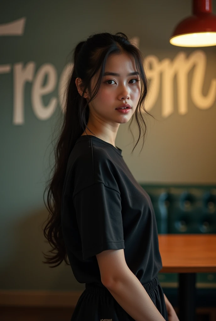 realistic, cinematic, Close-up, a beautiful Indonesian woman is standing in a cafe, which has FREEDOM written on the wall, with the cafe wall in the background. He was wearing a black t-shirt and black sports pants, and sports shoes. She had long black hai...