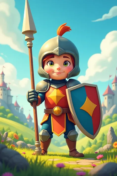 Cartoon man with knights spear and shield 