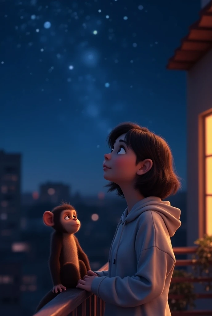  A Pixar-style poster depicting a young woman with short hair , dark brown, but not completely black.  She wears a comfortable sweatshirt and is on a night balcony ,  looking up at the starry sky with an expression of serenity and wonder .  Next to her is ...