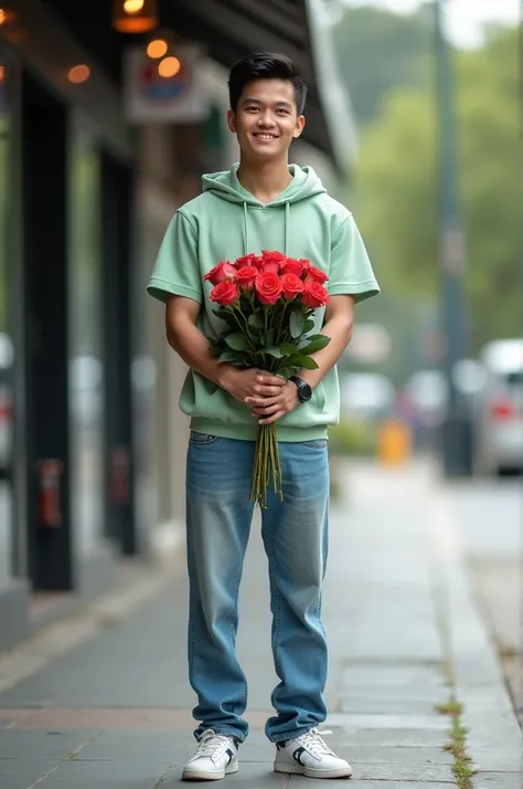  Beautiful Indonesian man twenty years old wearing light green Hoodie t-shirt and long jeans Niki brand sports shoes,  standing holding roses , With a sweet smile , street pavement background and there is a shop ,  realistic picture full hd high quality 5D...