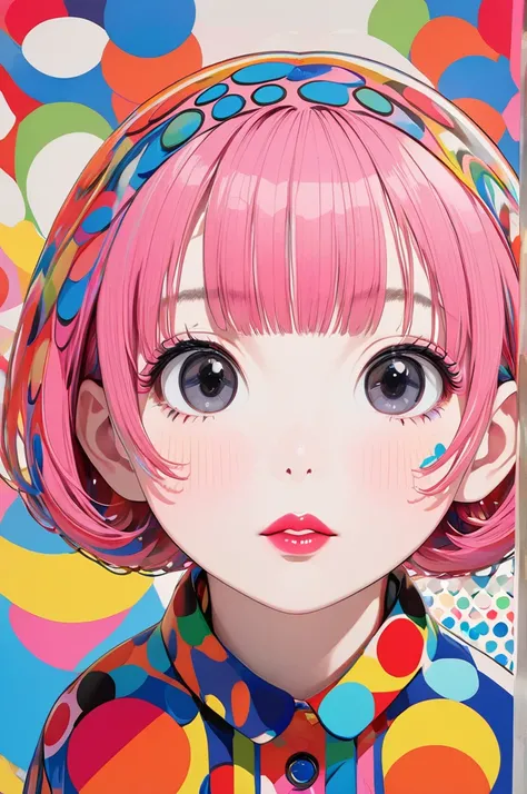   Ultra Realistic Yayoi Kusama Colorful Style,  Simple Line Acronym ，Abstract art，((( The most beautiful girls ))), Kind Face.  pink hair, short bob, wave hair,Round Glasses,Lips in Love, Pop Stylish Design  , Dark Eyes, (((Holiday Room))), (((Cute Protozo...