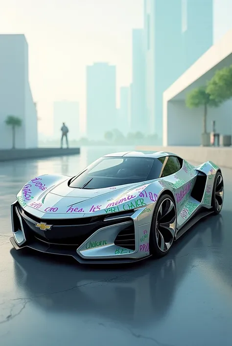  A prism model car from the Chevrolet brand with drawings written in green and purple "PRIMUS LANCHETERIA "
