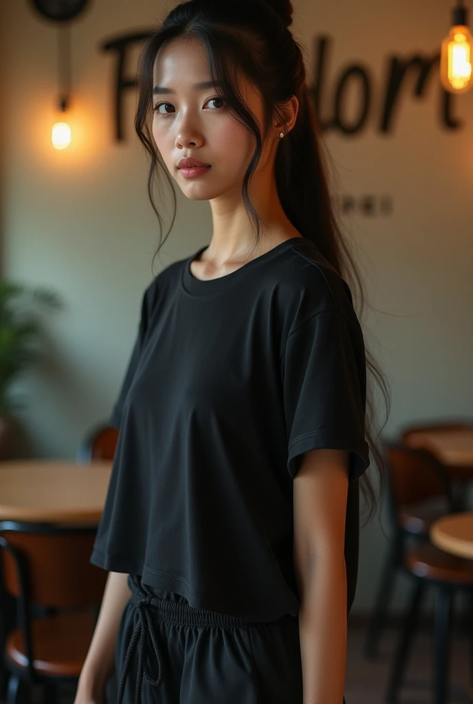 realistic, cinematic, Close-up, a beautiful Indonesian woman is standing in a cafe, which has FREEDOM written on the wall, with the cafe wall in the background. He was wearing a black t-shirt and black sports pants, and sports shoes. She had long black hai...