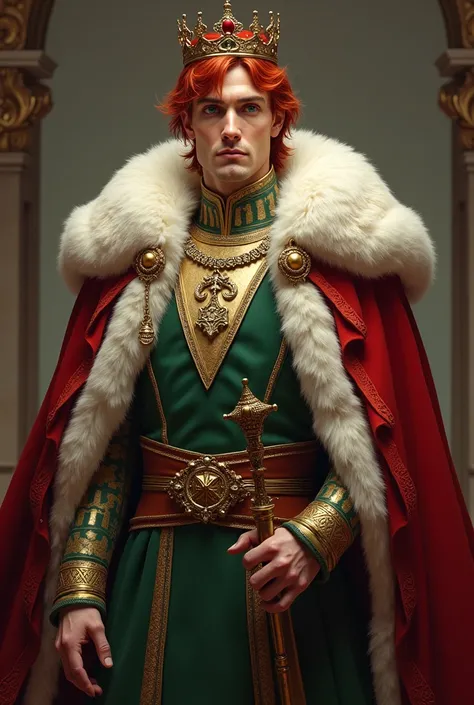 draw me a man. He is handsome,  he has thin lips and a handsome face. He is a king, so he wears a crown. He is dressed in light clothes, has a royal fur coat on his right shoulder and a beautiful cloak made of the best fabrics. He has red hair and green ey...