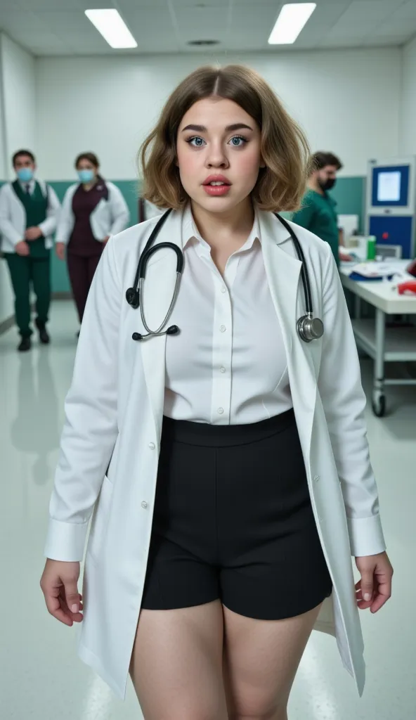 shortstack gina as a resident in a hospital corridor wearing doctor labcoat and white shirt with stethoscope around her neck, lo...