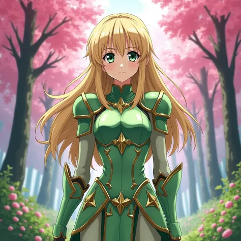 Create a slender green-eyed beige-haired woman wearing light green aquila bronze armor and her pink forest setting
Saint Seiya style ( Make the features of Anime )