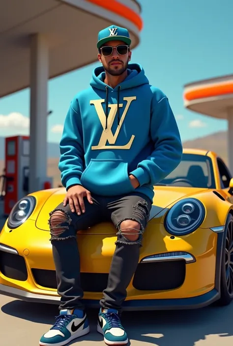 in 3d style, Hyper-detailed and beautiful , o central cee em 3d,  with an evil smile ,  a blue Louis Vuitton sweatshirt , ripped black jeans , a dunk and a blue cap too,  at a gas station on top of a yellow Porsche 911 with a cigar in his hand