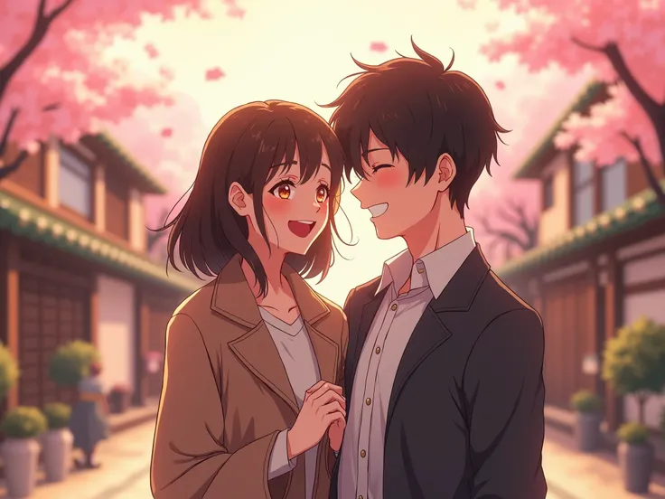 Japanese animation Your Name by Makoto Shinkai,A English White couple of V-tubers who became naturalized citizens of Japan because of their love for anime and Japanese culture, they look happy.