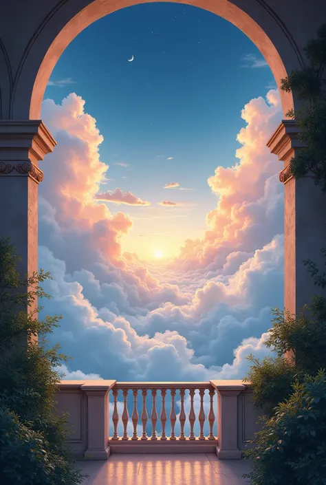 A balcony looking down at the clouds so dreamy, so majestic, beautiful, soft colors, dark colors for the night sky, oil painting 