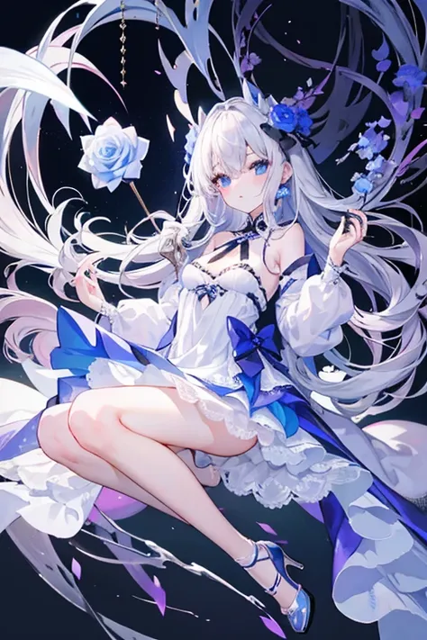 noble、 Silver Hair、 blue eyes 、 A clean pale pink dress 、 holding white socks 、High heels、Stick out your hands and do magic 、 A black rose in full bloom pops out of your hand