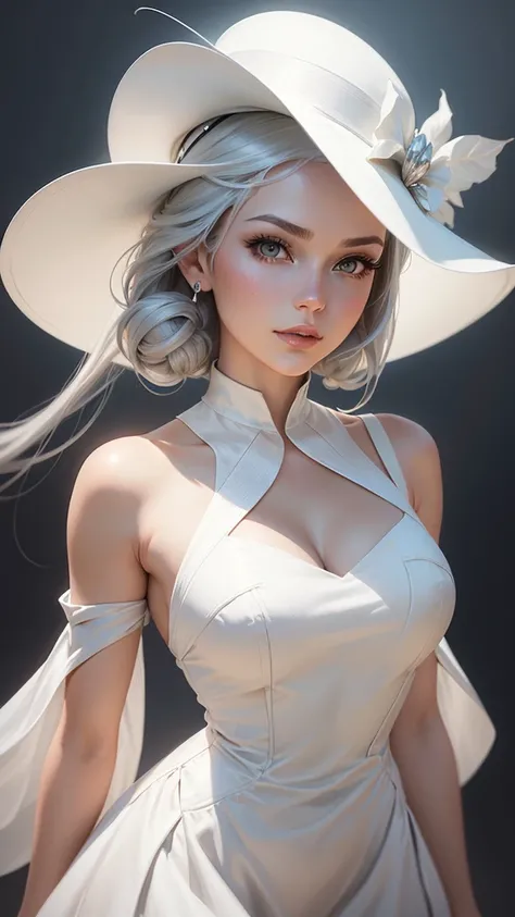  a close up of a woman in a dress and hat, artgerm style, artgerm style, Charlie Bowater style, artgerm style,   white dress  !! with silver hair, in the artgerm style, digital art of a elegant, in artgerm style,  style inspired by Harrison Fisher ,  white...