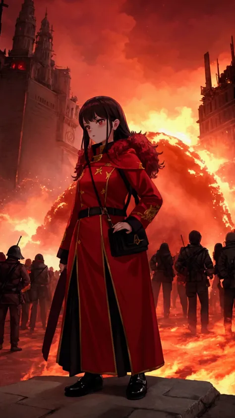 girls, a crowd of girls, Fantasy clothing, communist mob, red flags , explosions, fire,  red sky , fantasy city