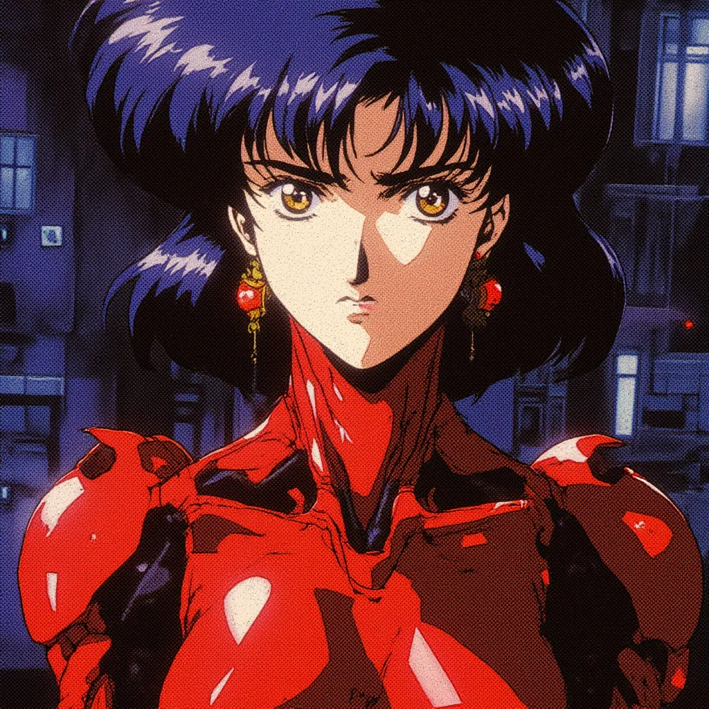 (absurdresolution)), masterpiece, best quality, 1990s \(style\), 1girl, solo, dark blue hair, retro anime style, 90s anime, gain...