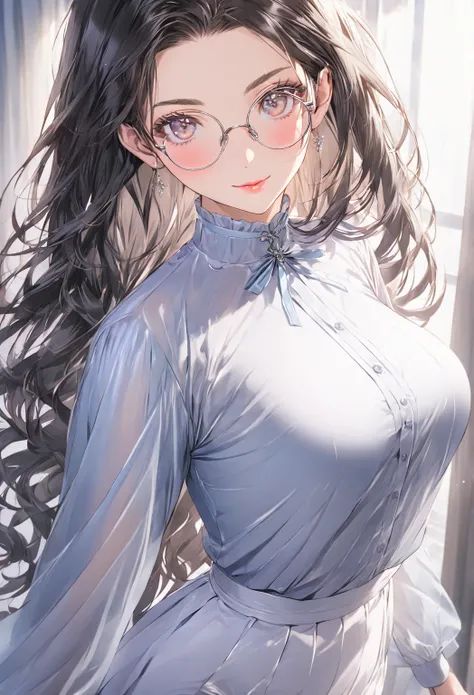 ((highest quality)), ((masterpiece)), (detailed), (front view), (one girl), sexy, shiny skin, glossy skin, height 168cm, bust 120cm, medium size breast, hourglass body, housewife, black hair parted bangs, A mother with warm eyes, Wearing round glasses, Loo...