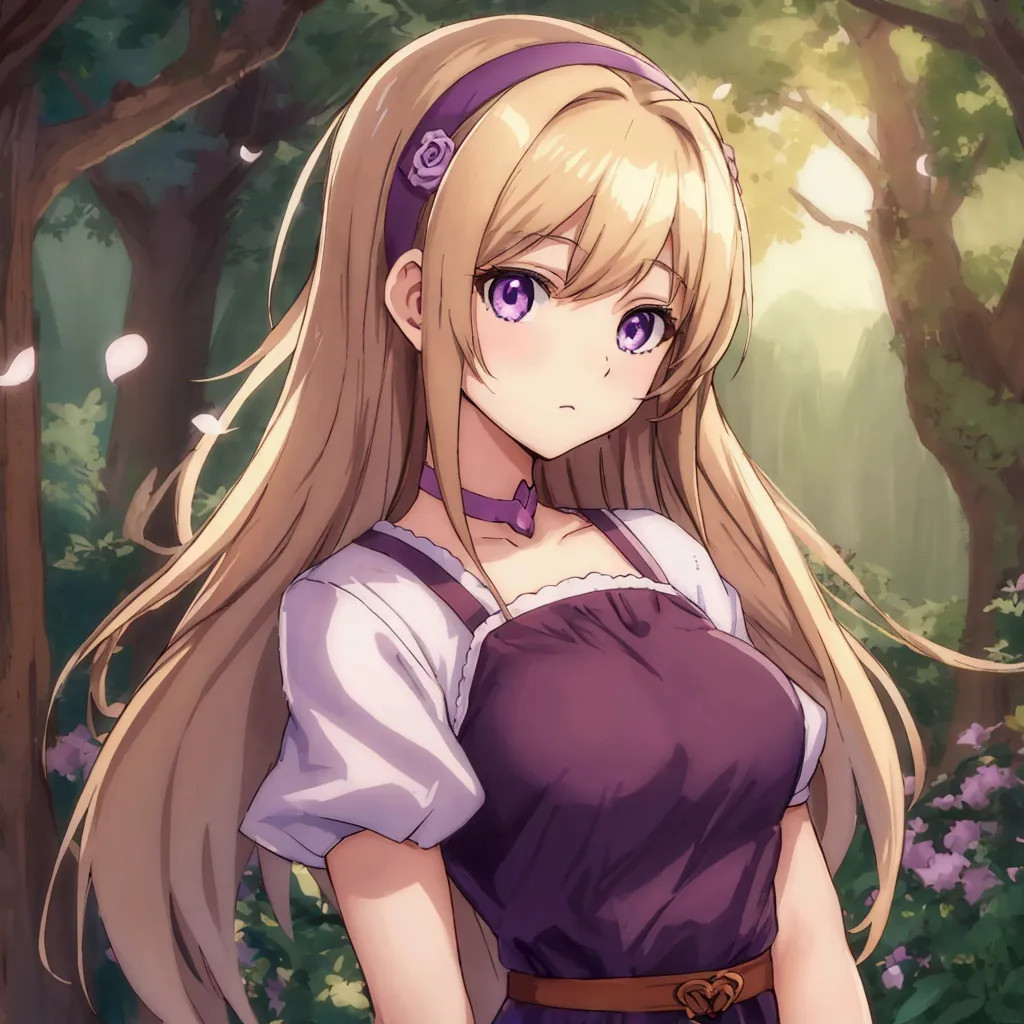 anime girl, 19, 5' 5", brown blonde hair, delicate purple eyes, innocent.