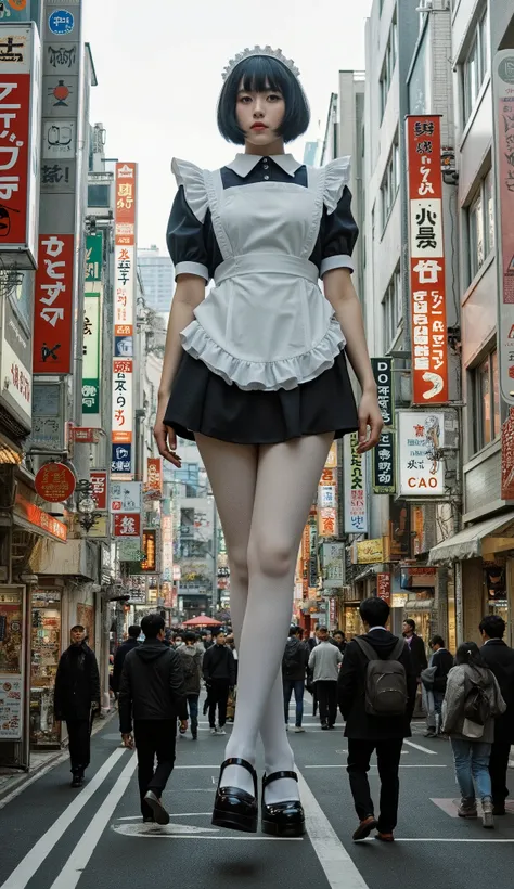 A towering 10-meter-tall woman with a perfect, curvy figure strolls through the bustling streets of Akihabara. She’s dressed in a classic maid outfit, with short-cropped hair framing her face, giving her an elegant yet striking presence among the colorful ...