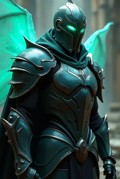 a waist up close up of a knight in black armor wearing a knight helmet, no weapons, glowing mint eyes, glowing mint visor, more clothes. give him glowing mint colored accents, concept art inspired by Raymond Swanland, trending on Artstation, fantasy art, s...